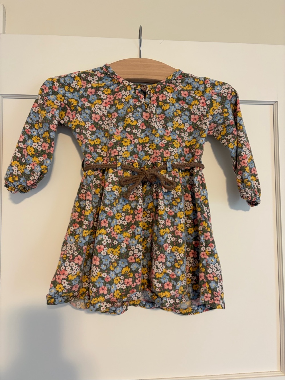 Girls Floral Long-Sleeve Dress with Belt - Pink, Yellow & Blue